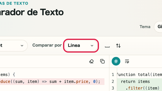 Pantalla que muestra la unidad de comparación en Comparador de diferencias de texto