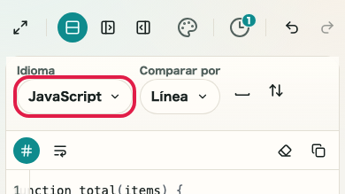 Pantalla que muestra el selector de idioma en Comparador de diferencias de texto