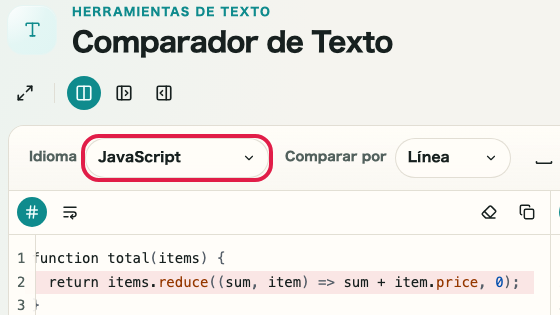 Pantalla que muestra el selector de idioma en Comparador de diferencias de texto