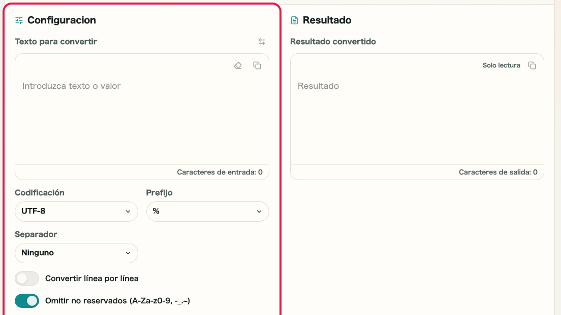 Pantalla que muestra Zona de opciones en Codificar/Decodificar URL