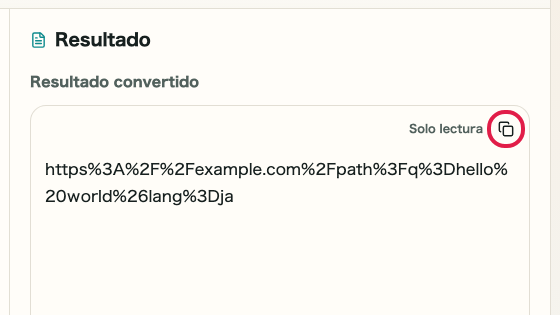 Pantalla que muestra dónde usar Copiar resultado en Codificar/Decodificar URL