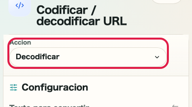 Pantalla que muestra dónde usar Preparar decodificación en Codificar/Decodificar URL