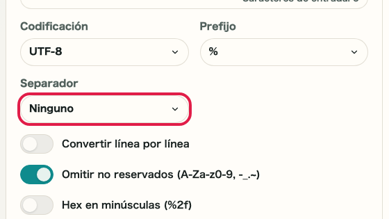 Pantalla que muestra dónde usar Separador en Codificar/Decodificar URL
