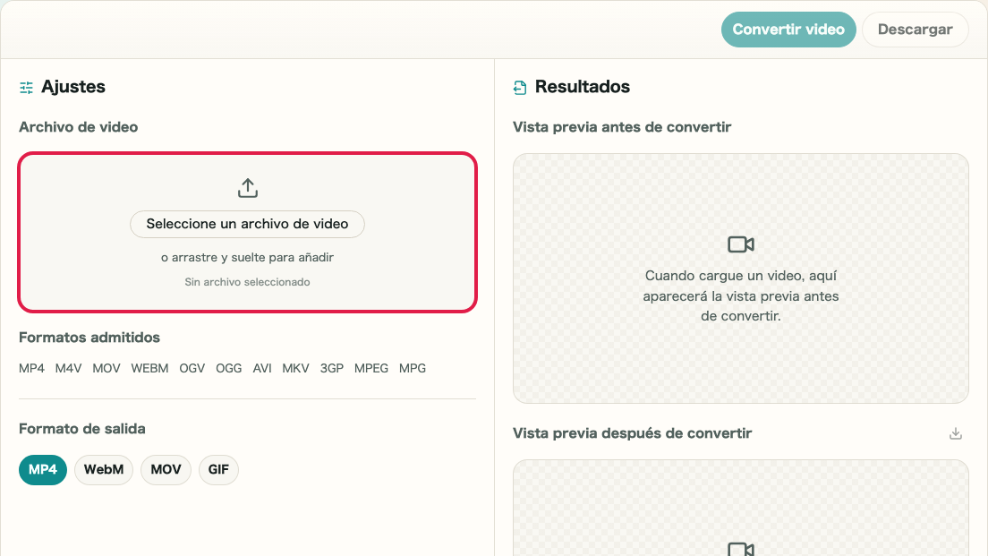 Pantalla que muestra Zona de entrada y origen de video en Conversión de formato de video