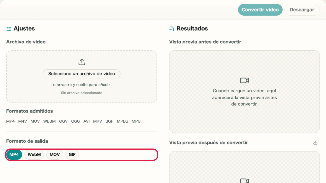 Pantalla que muestra Zona de conversión y progreso en Conversión de formato de video