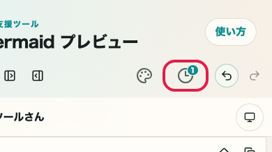Mermaid プレビュー の 履歴と下書き の操作位置を示す画面