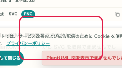 PlantUML プレビュー の エラー確認 の操作位置を示す画面