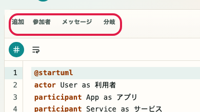 PlantUML プレビュー の テンプレート選択 の操作位置を示す画面